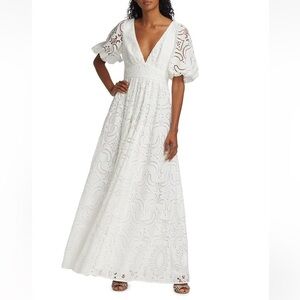 NWT Badgley Mischka White Lace Plunge V-Neck Puff-Sleeve Gown, Size 6